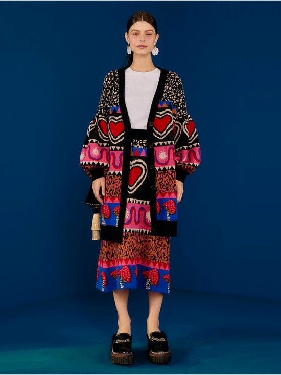 FARM Rio Sweaters - FARM Rio Black Cardigan with Red and Pink Heart Motifs